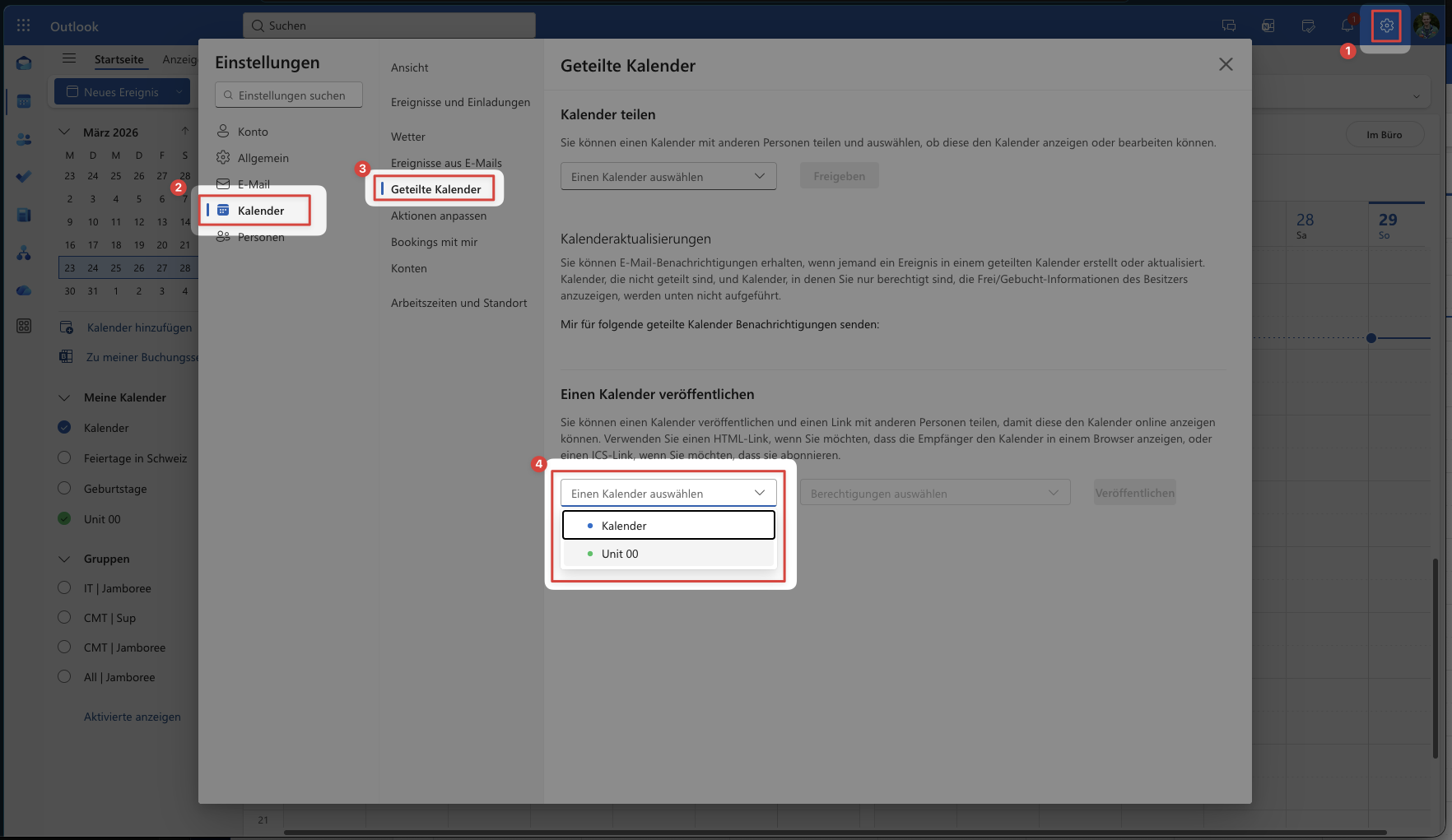 Open shared calendar settings